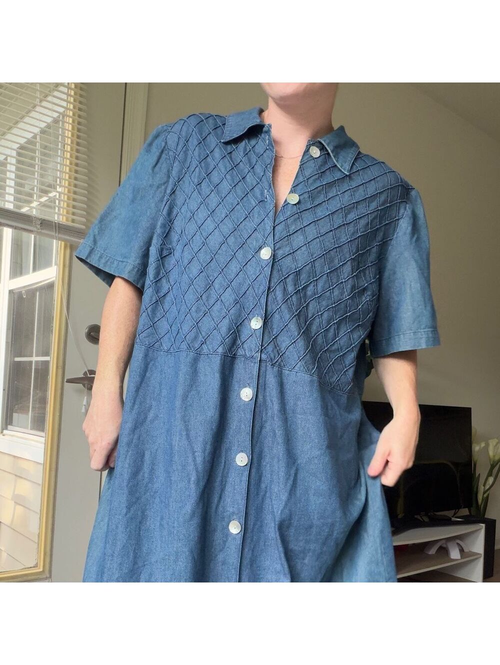 Vintage 90s denim maxi dress with criss cross pattern